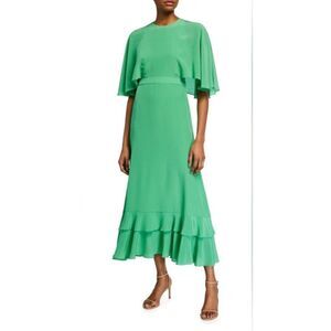 ALEXIS Midi Dress Womens Size 0 Green Cape Sleeve Tiered 100% Silk CATELINE
